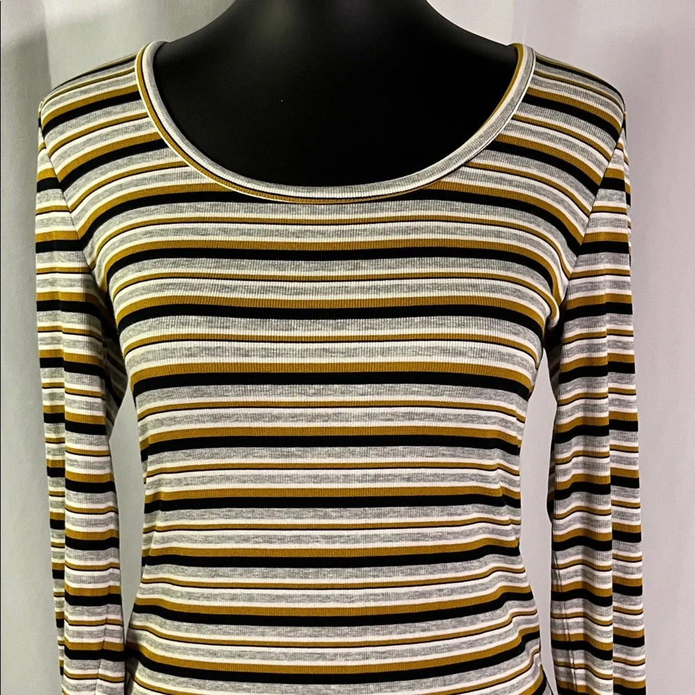 NWT LOFT Mustard Yellow Black & Gray Striped Long Sleeve Round Neck Top